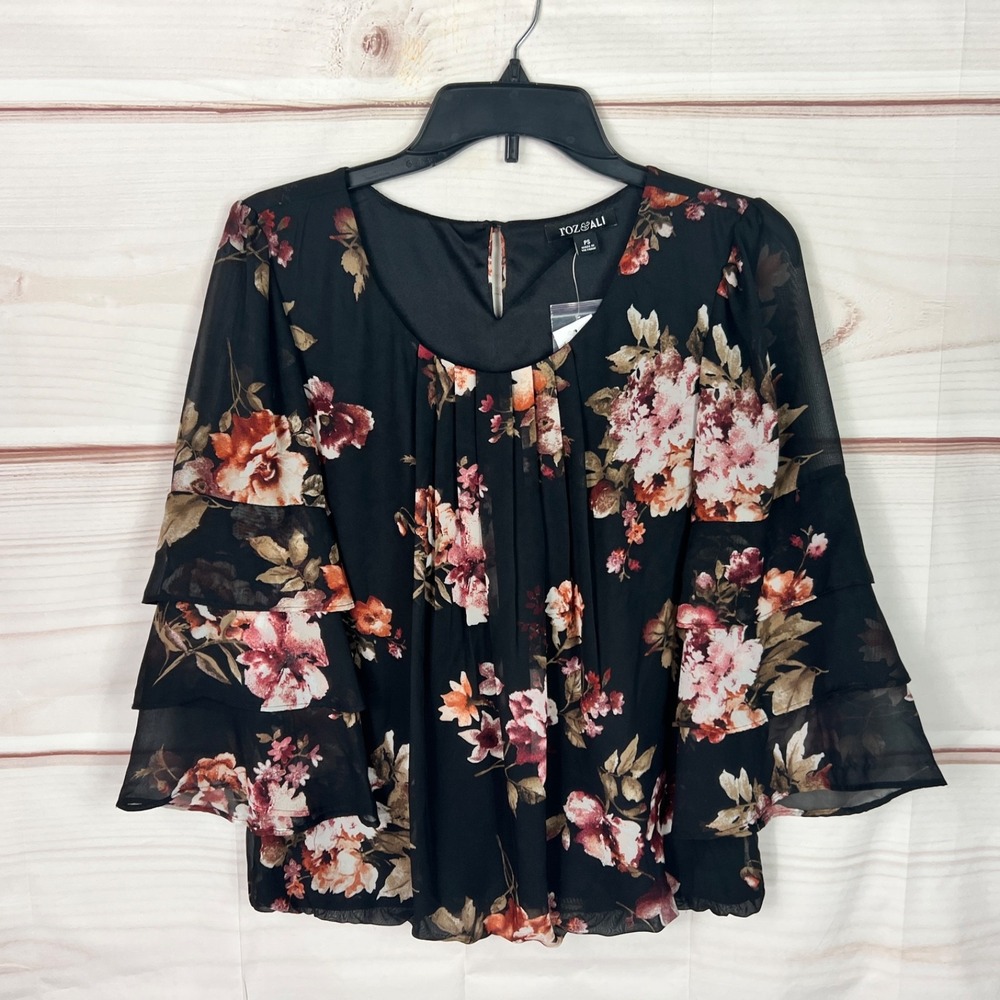 Roz And Ali Top Womens PS Black Floral Chiffon Blouse Belle Sleeve Elastic Waist